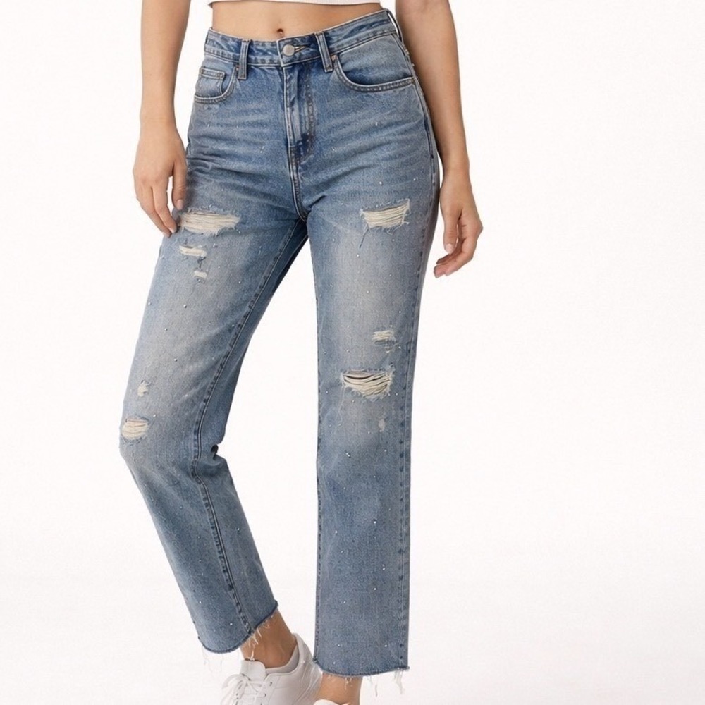 BLANKNYC The Madison Crop High Rise Distressed Pearl Jeans Blue 30 NWT Coquette